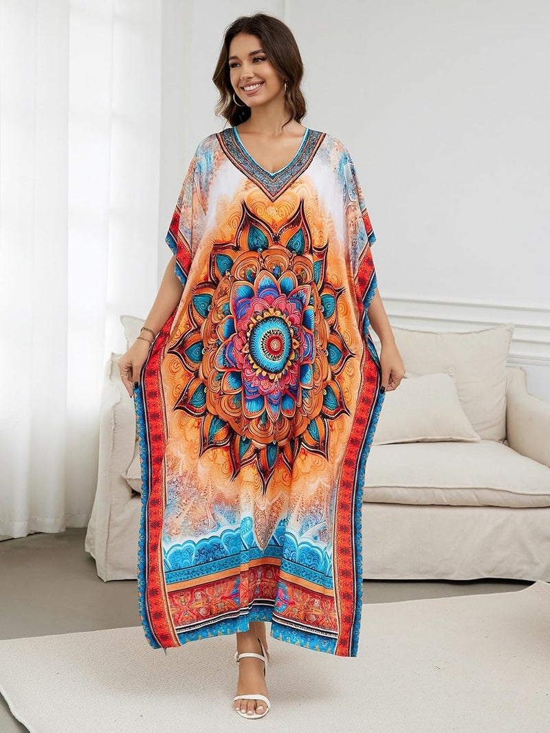 IMAGEKOPE Women's Plus Size Loose Fit Moroccan Print V-Neck Batwing Kaftan Beach Dress Bathing Suit Cover Up - Image 1
